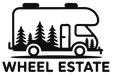 Black silhouette of a camper van with trees and the text 'WHEEL ESTATE' on a white background